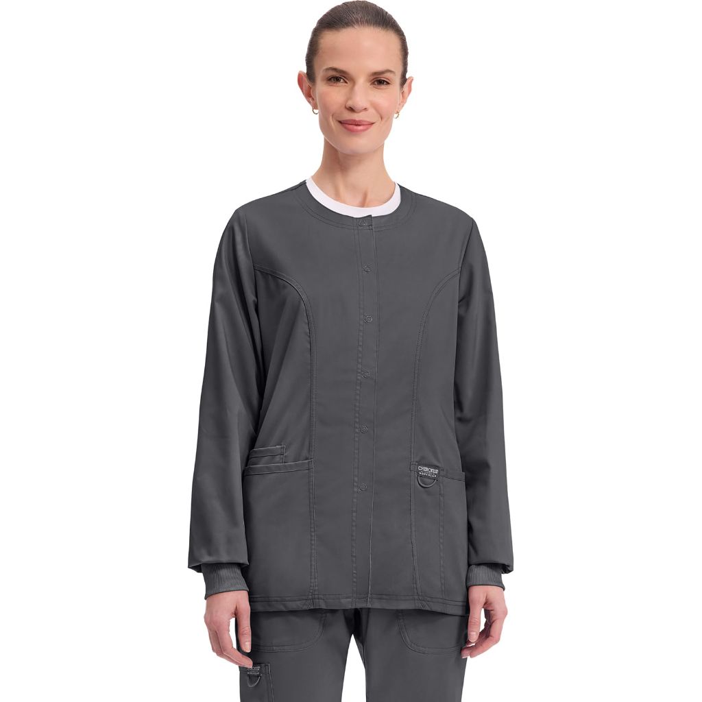 SZ 5XL, Cherokee Women's Snap Front Warm-up Jacket, Pewter