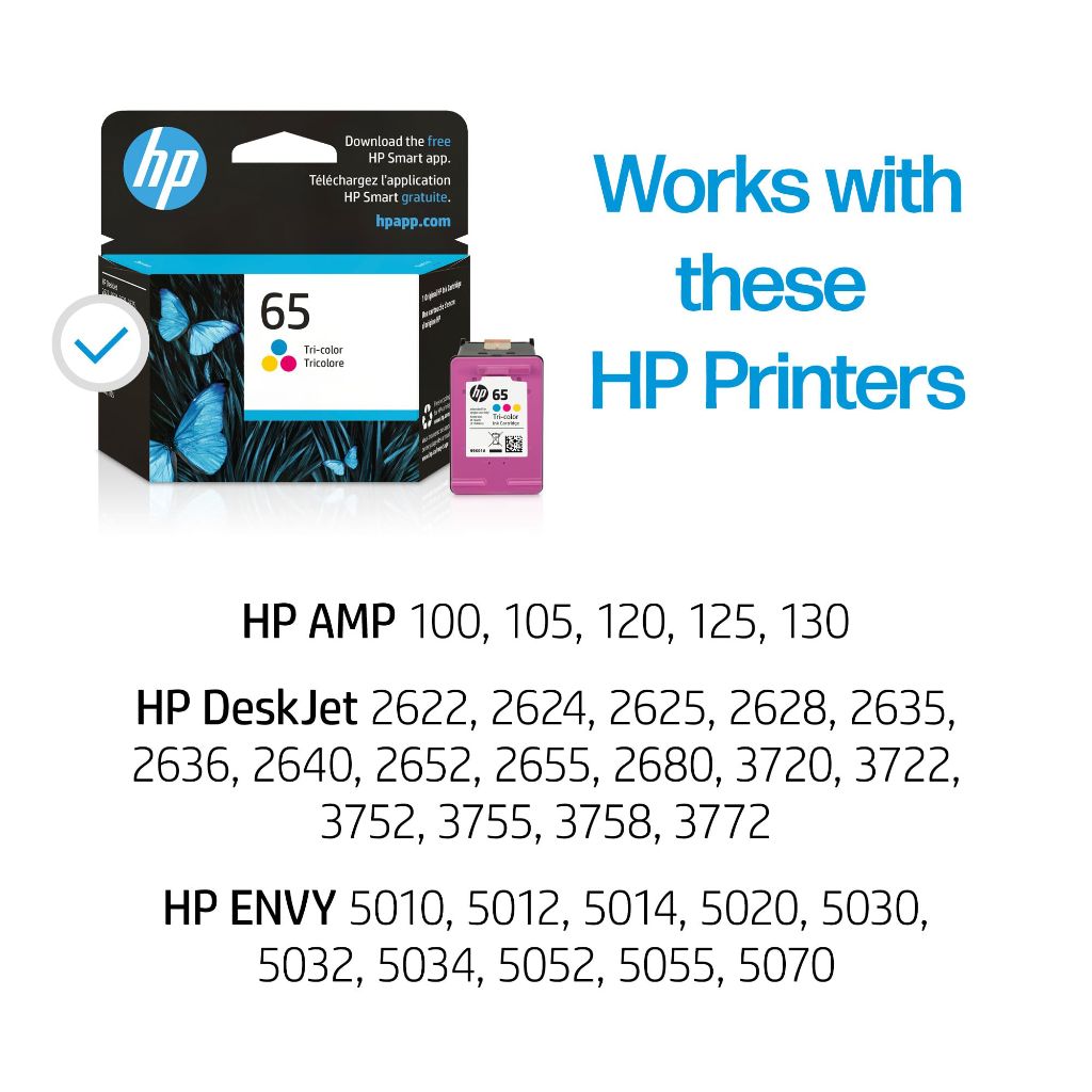 HP 65 Tri-Color Ink Cartridge | Works with AMP 100, DeskJet 2600, 3700; Envy 5000 | Eligible for Instant Ink | N9K01AN