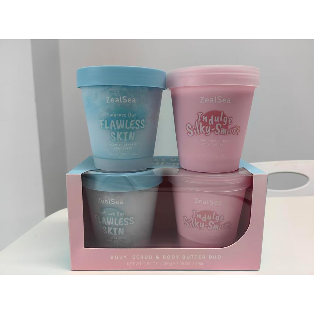 ZealSea Body Scrub & Body Butter Set: Dead Sea Salt Exfoliating Natural Body Scrub 9.88 Oz and Coconut Shea Body Butter 7.05 Oz