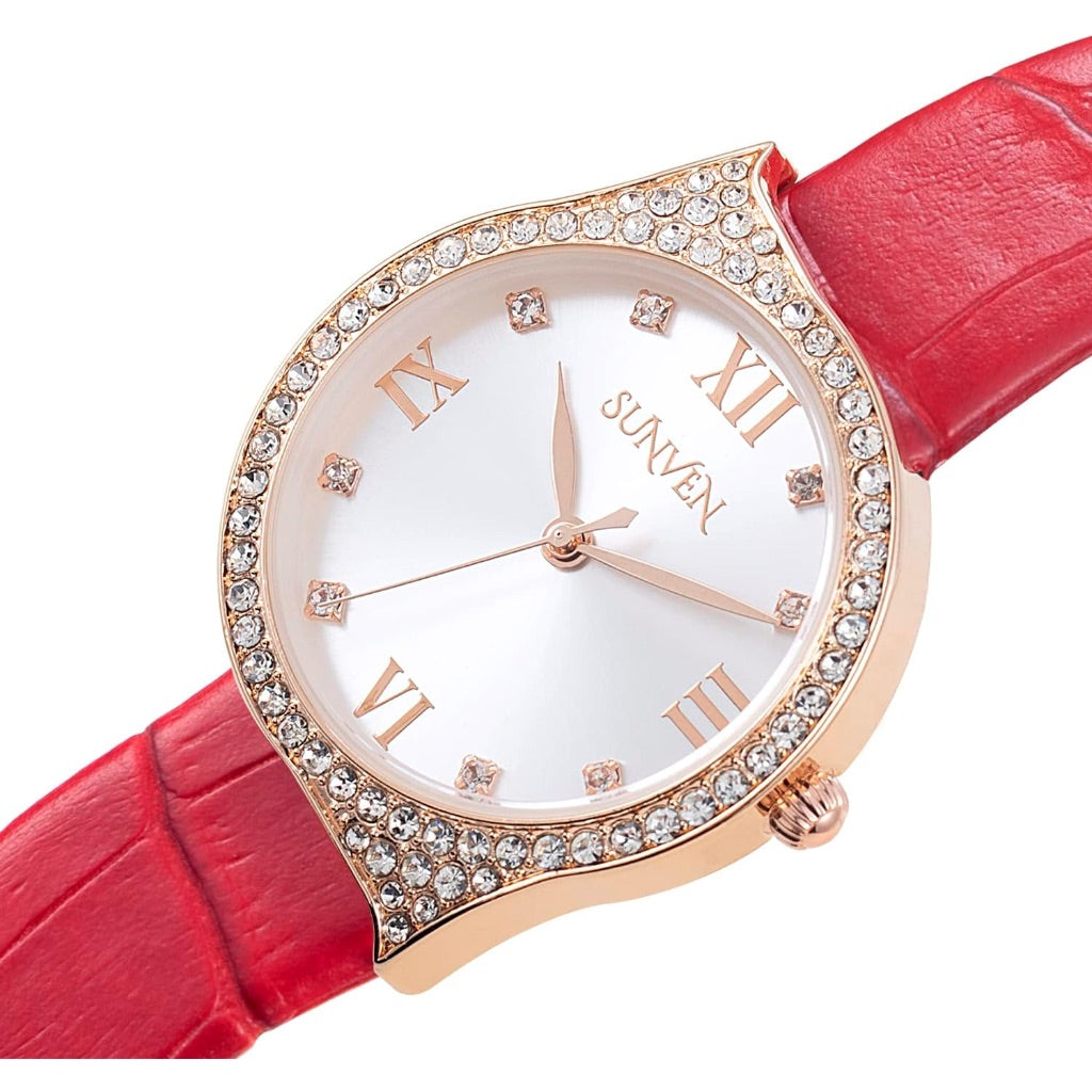 Sunveb Women's Bling Diamond Quartz Wrist Watch, Red Leather Strap, Rose Gold Case