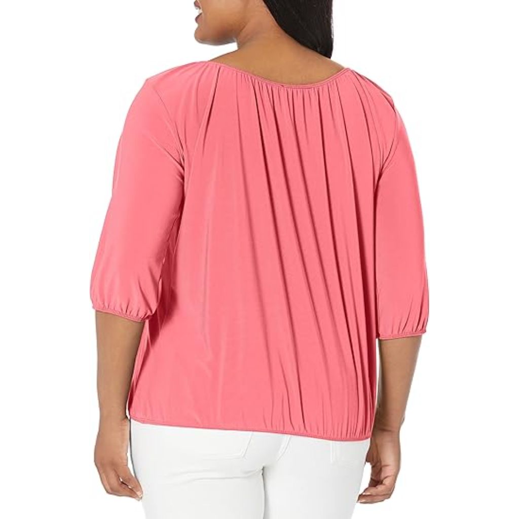 Star Vixen Women's Plus-Size 3/4 Sleeve Peasant Elastic-Hem Keyhole-tie Top, Coral Heather, 4XL