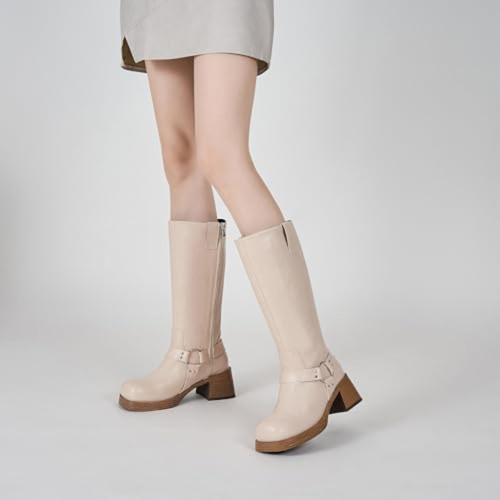 Atbell Shop Mid Calf Boots for Women Chunky Block Heel Riding Boot Square Toe Cream - 7