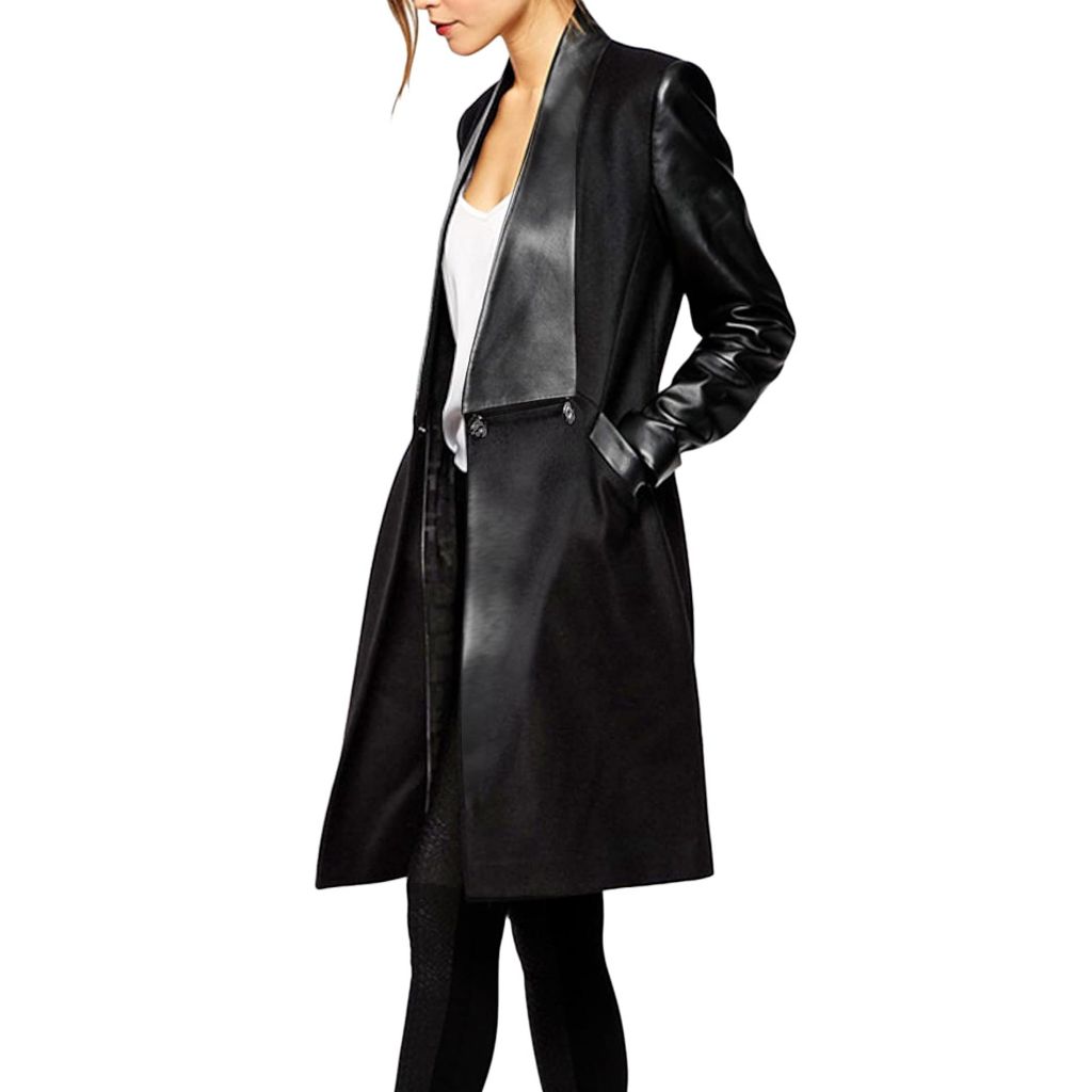 Xxxiticat Women's Faux Leather Blazer Coat - Long Sleeve, Lapel Collar, Double Breasted, Windbreaker Trench Coat (Black, M)