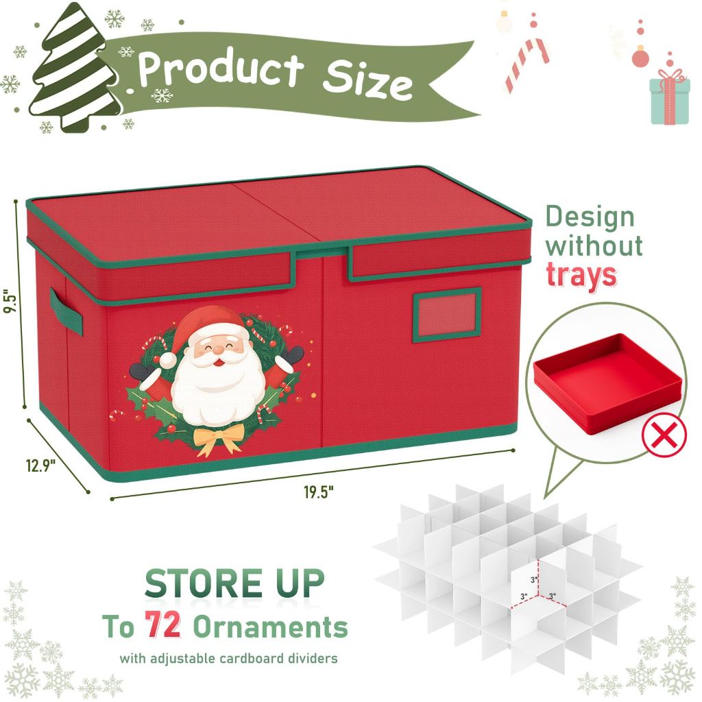 ROMANKAS Christmas Ornament Organizer Storage Box with Adjustable Divider, Fits 72 3" Ornaments