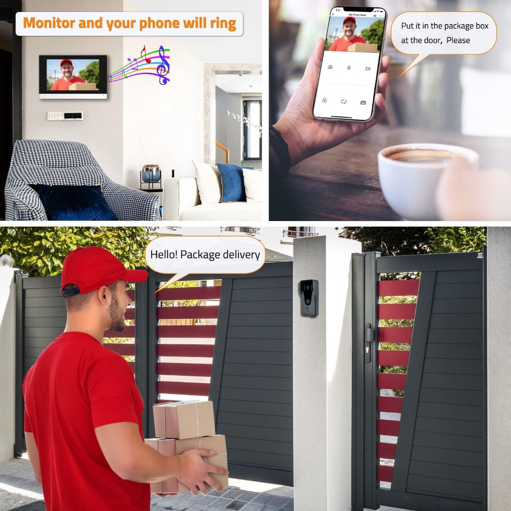 Wireless IP Video Doorbell Intercom System, WiFi 7 Inch Monitor with Metal HD Door Camera (Wired Power)