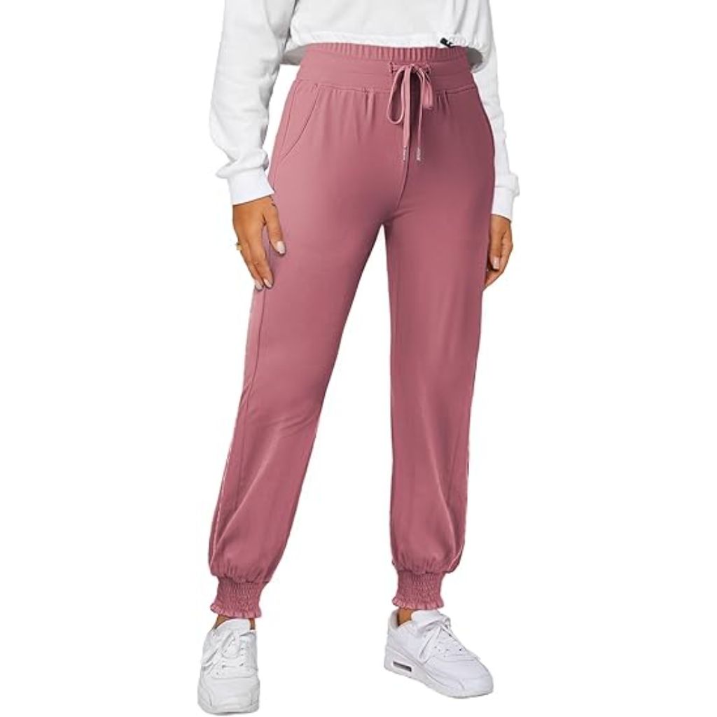 Dokotoo Womens Casual Elastic Waist Solid Comfy Jogging Jogger Pants with Pockets (Pink)