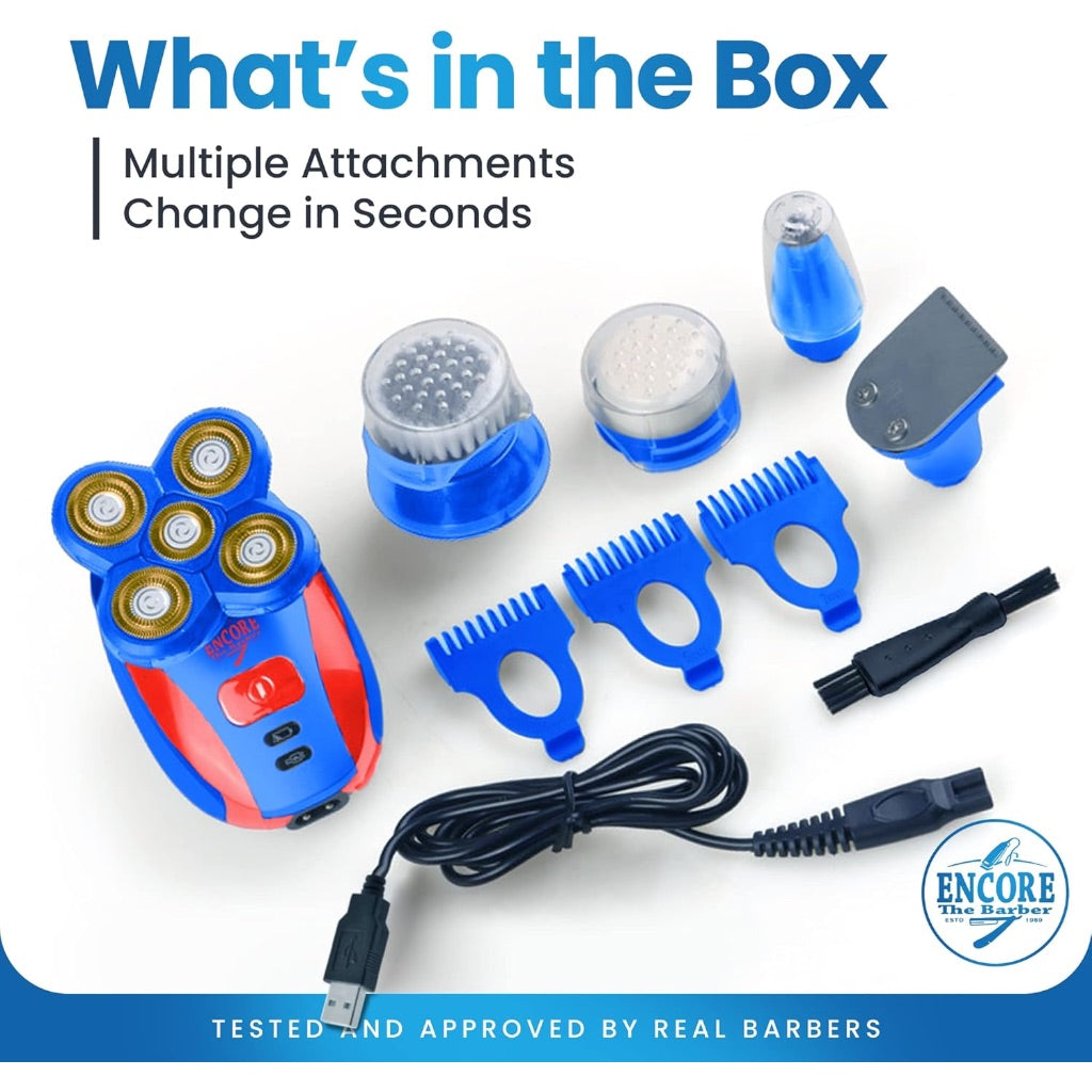 Encore the Barber 360 Bald Head Shaver with 5 Attachments, Rechargeable Wet Or Dry Shaver with Pop-up Beard Moustache Trimmer