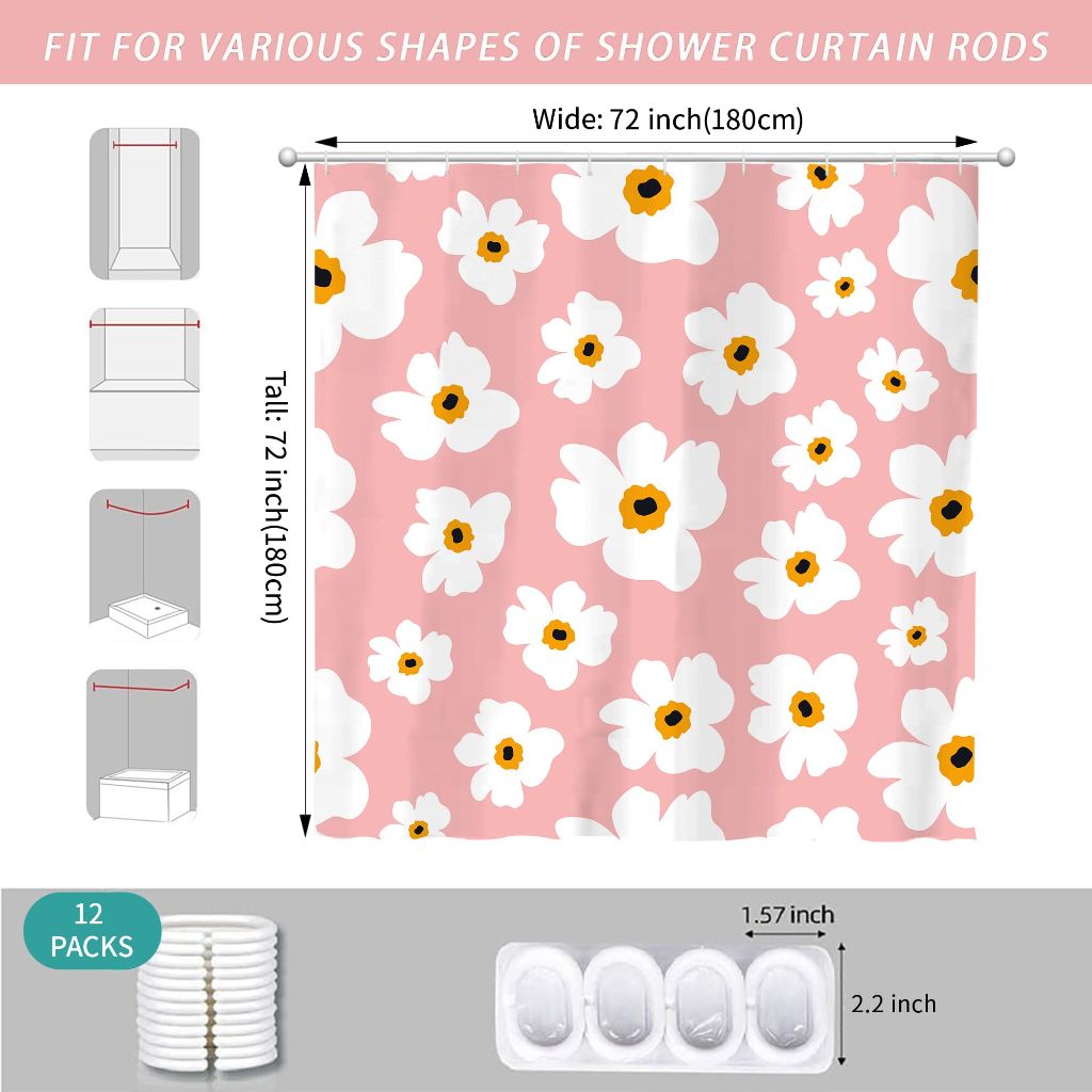 Boho Pink Retro Floral Shower Curtain for Bathroom 72W*72H Inch