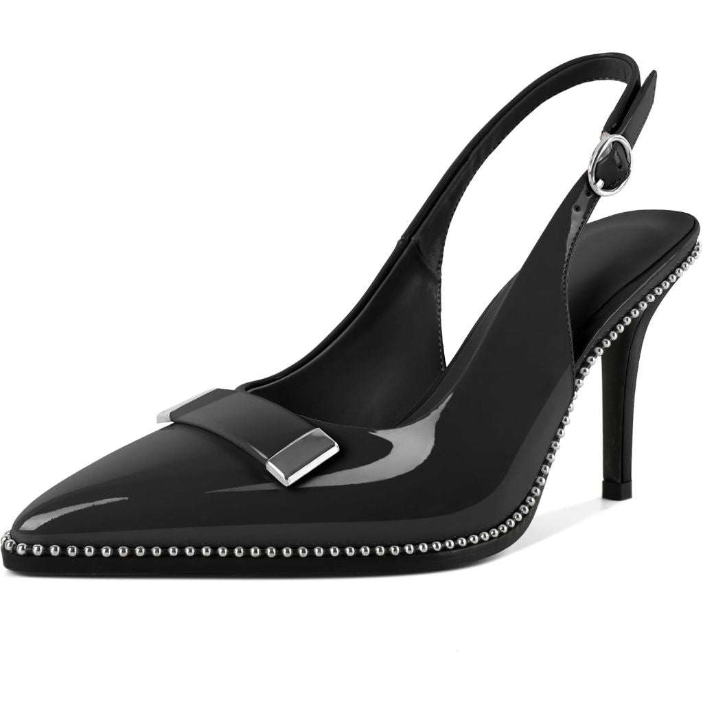 YODEKS Slingback Pumps for Women Closed Pointed Toe Beaded Studded High Heels Pumps Metal Buckle Stilettos Heel Black Lining Shoes 3.5 Inch for Work Party Black Patent US Size 8