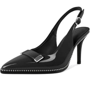 YODEKS Slingback Pumps for Women Closed Pointed Toe Beaded Studded High Heels Pumps Metal Buckle Stilettos Heel Black Lining Shoes 3.5 Inch for Work Party Black Patent US Size 8