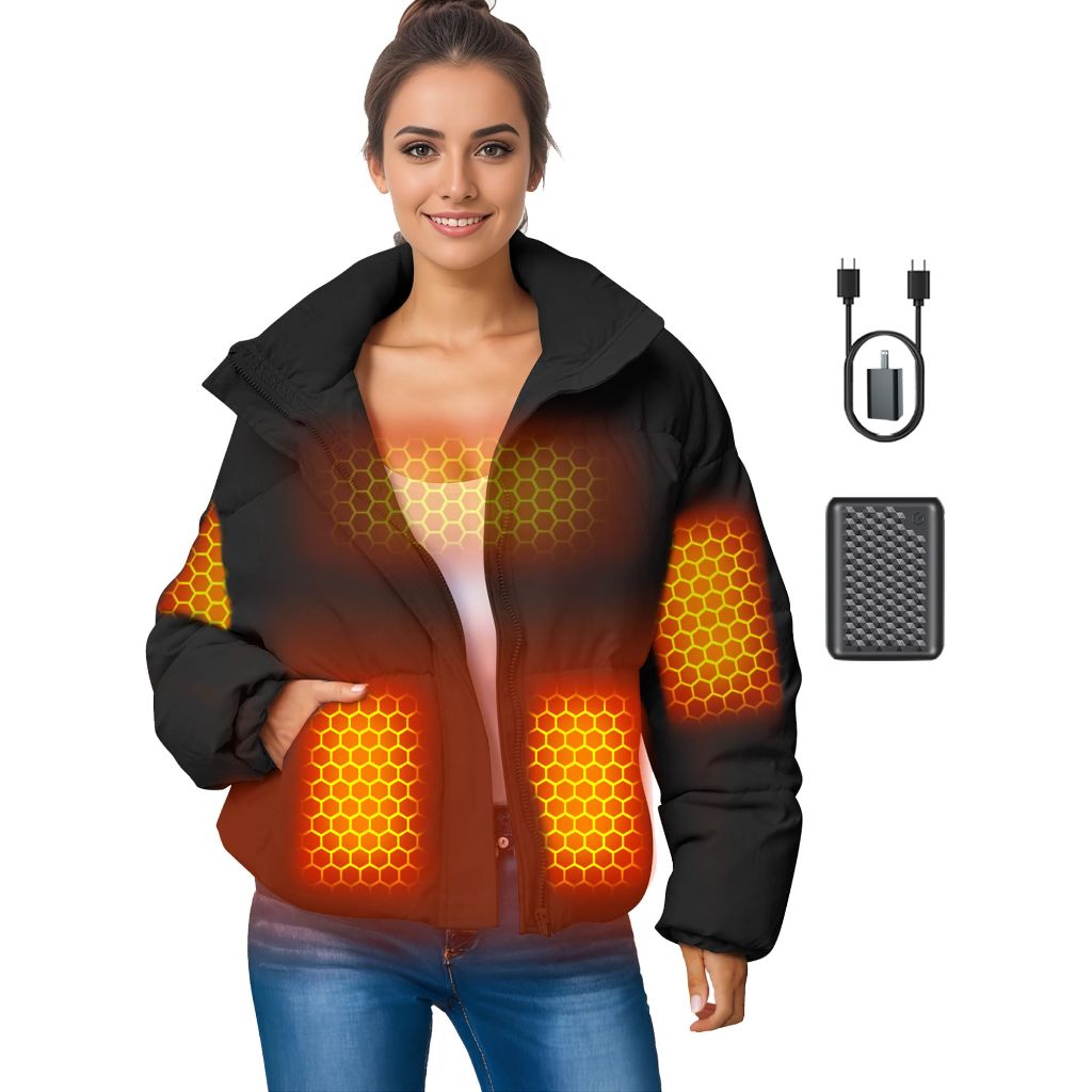 Women Short Heated Jacket Battery Pack Included, Black - size M
