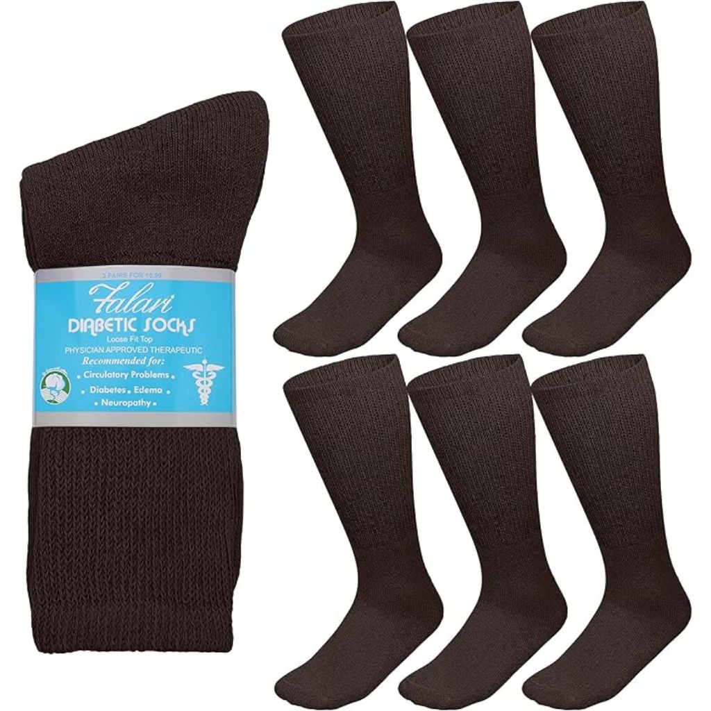 Falari 6-Pack Physicians Approved Diabetic Crew Socks Loose Fit Top Help Blood Circulation (13-15, Brown)