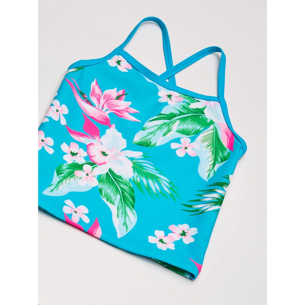 SZ 14, Kanu Surf Girls' Big Alania Floral Banded Tankini Beach Sport 2-Piece Swimsuit, Aqua