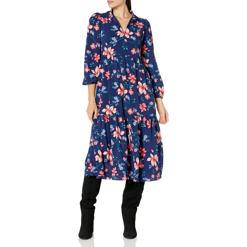 Vince Camuto Womens Tiered V-Neck 3/4 Sleeve Midi Dress, Navy Multi, Size 10