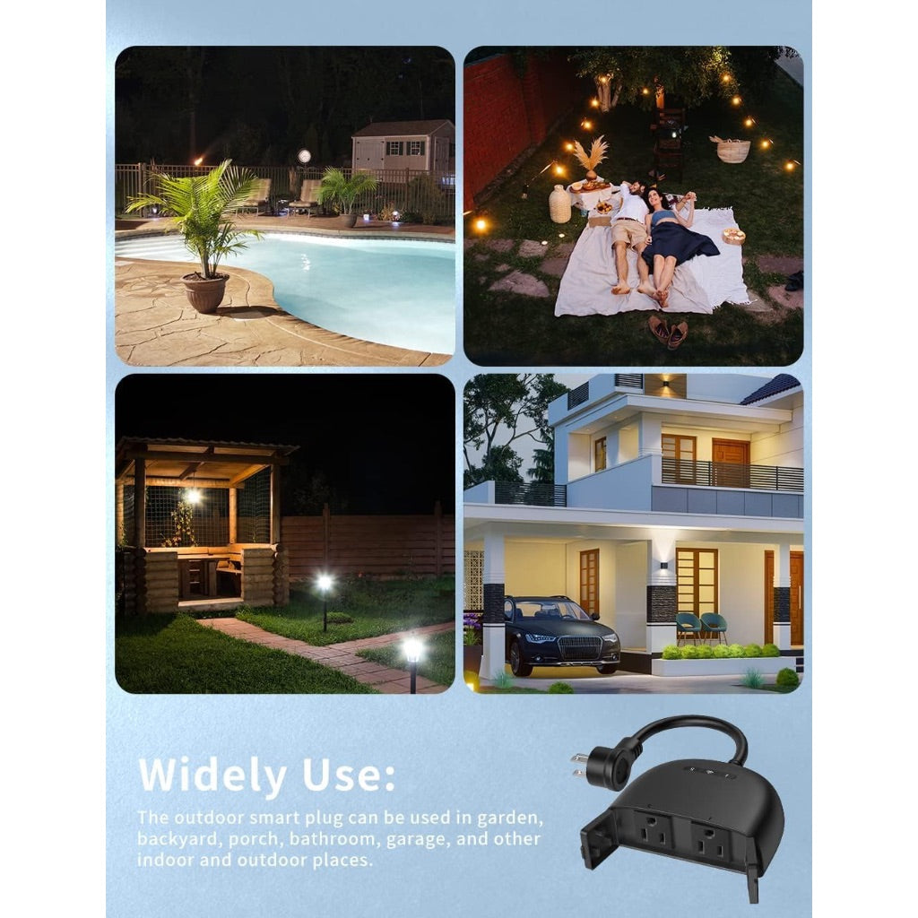 Outdoor Smart Plug, WiFi Smart Plug with 2 Sockets, Smart Plugs That Compatible with Alexa, Google Home, Wireless Remote Control/Timer by Smartphone, IP44 Waterproof FCC/RoHS Certified