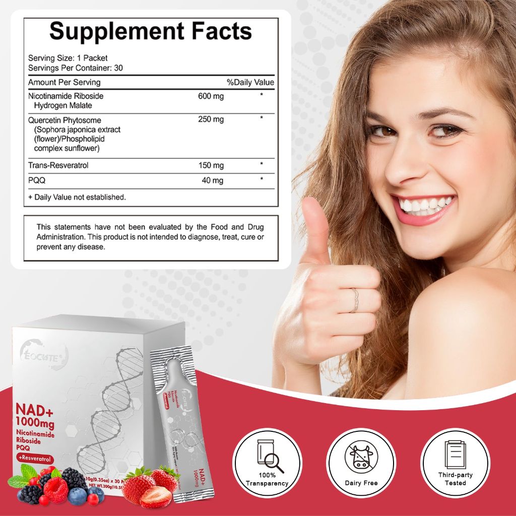EOCUTE 1000mg NAD Liquid Supplement with Resveratrol - 30 Portable Packets (Raspberry)