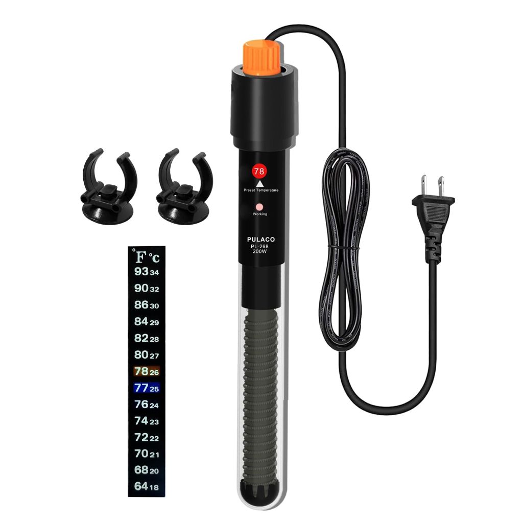 PULACO 200Watt Aquarium Heater for 25-50 Gallon Fish Tank, Adjustable Submersible Heater Thermostat with Thermometer Strip and Suction Cup