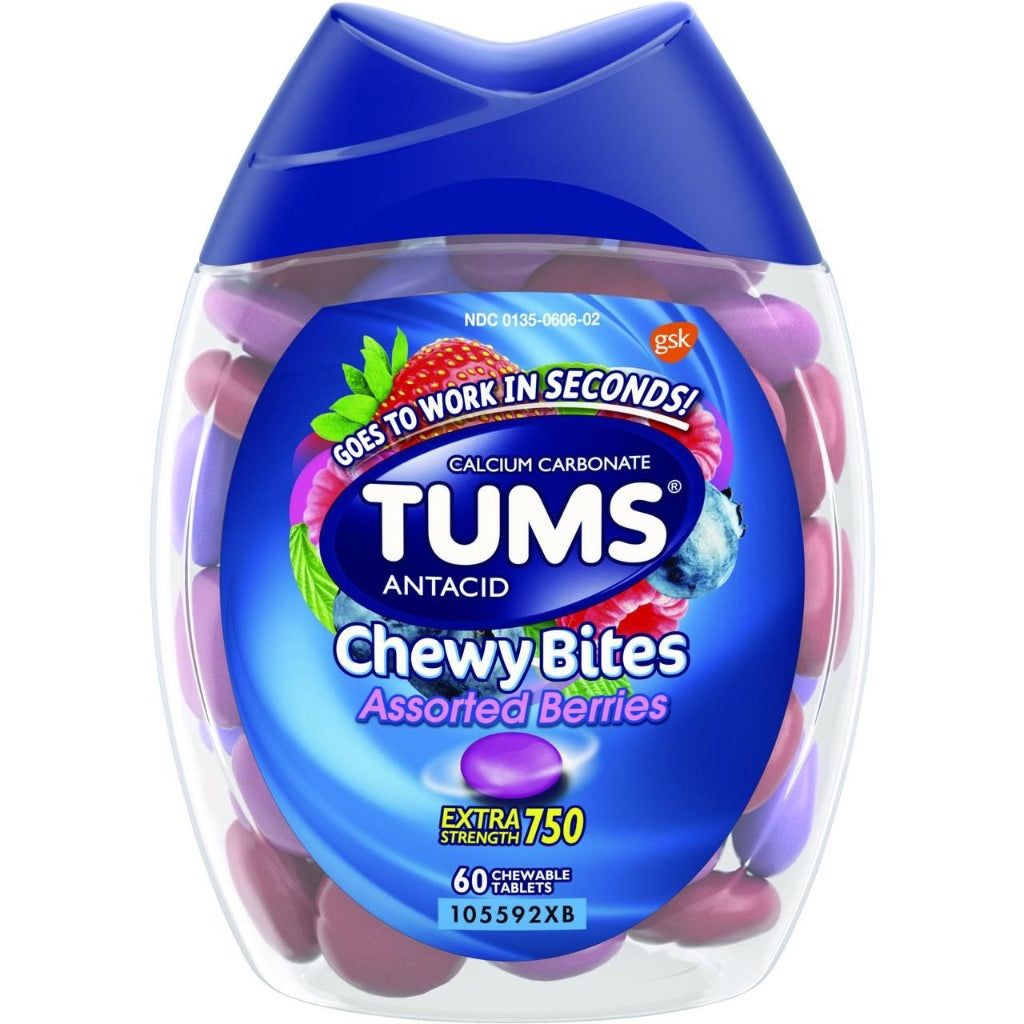 Tums Extra Strength 750mg Chewy Bites - Assorted Berries, 60 Tablets