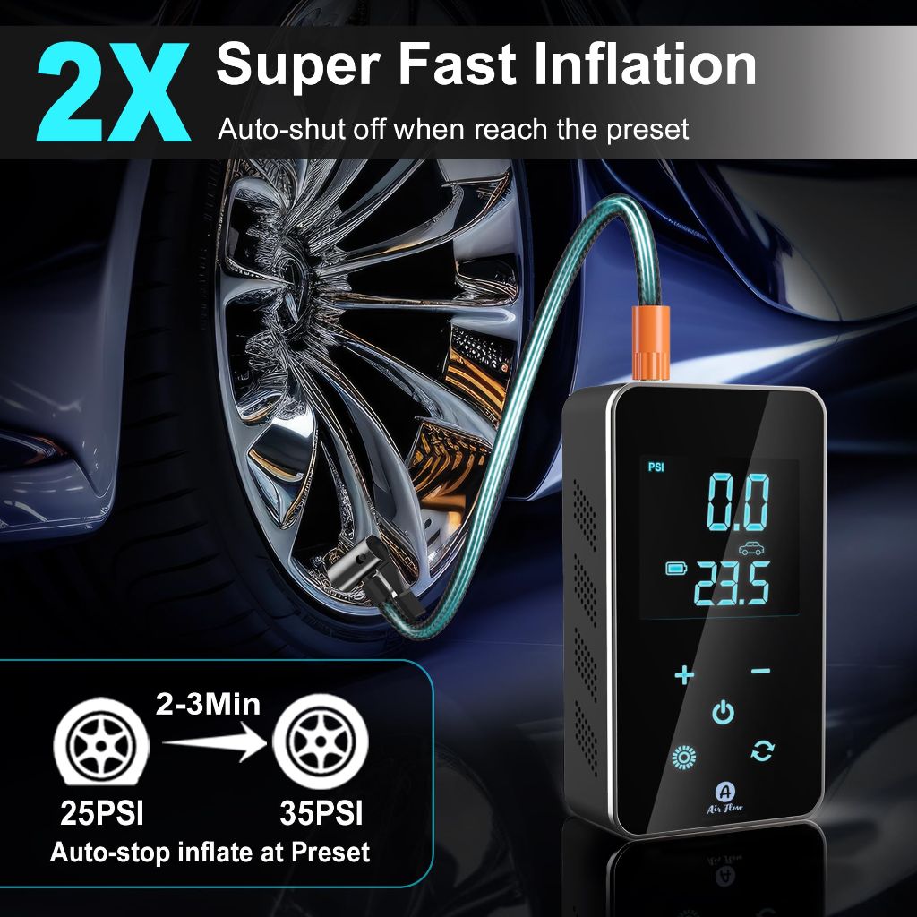 Air Flow Tire Inflator Portable Air Compressor - Air Pump For Car Tires with Digital Pressure Gauge