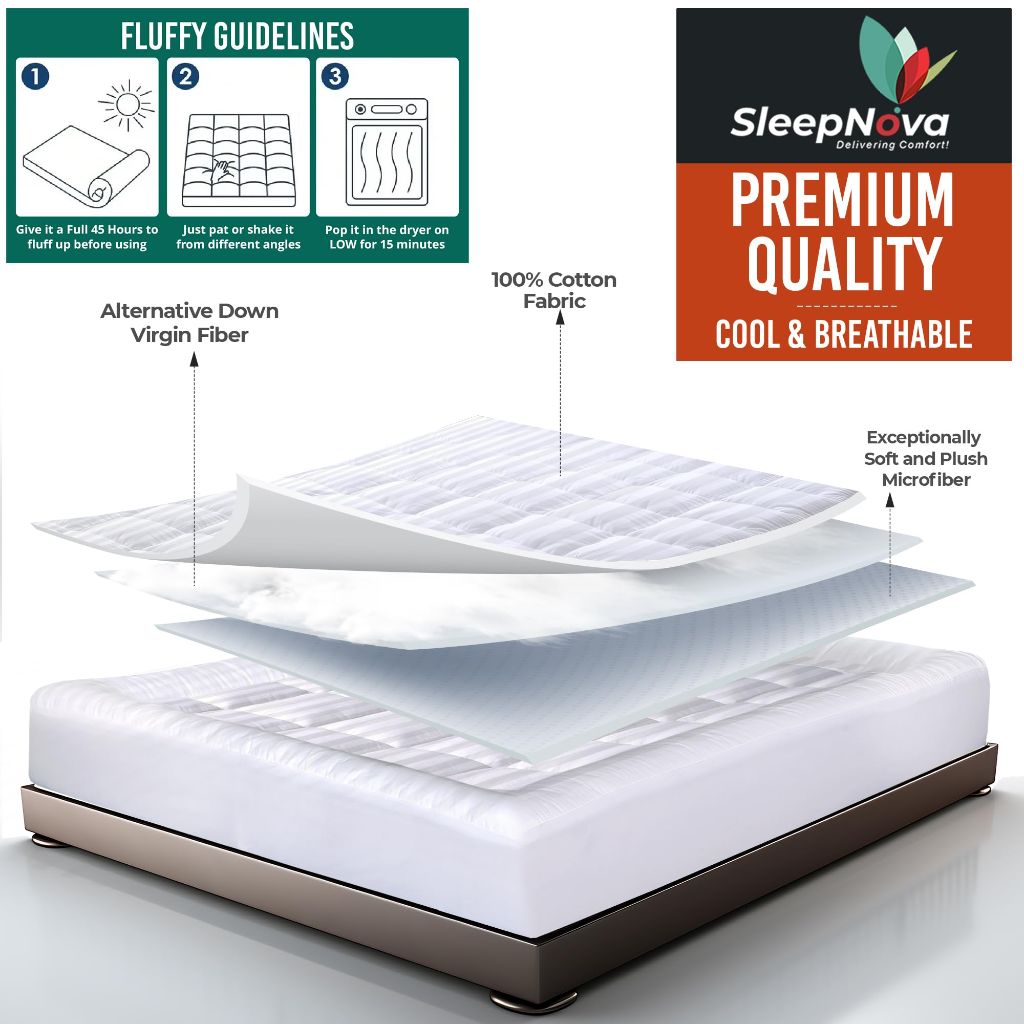 SLEEPNOVA's Cooling Mattress Topper Queen Size Bed – 100% Cotton Pillow Top (8”-21”), Soft & Machine Washable