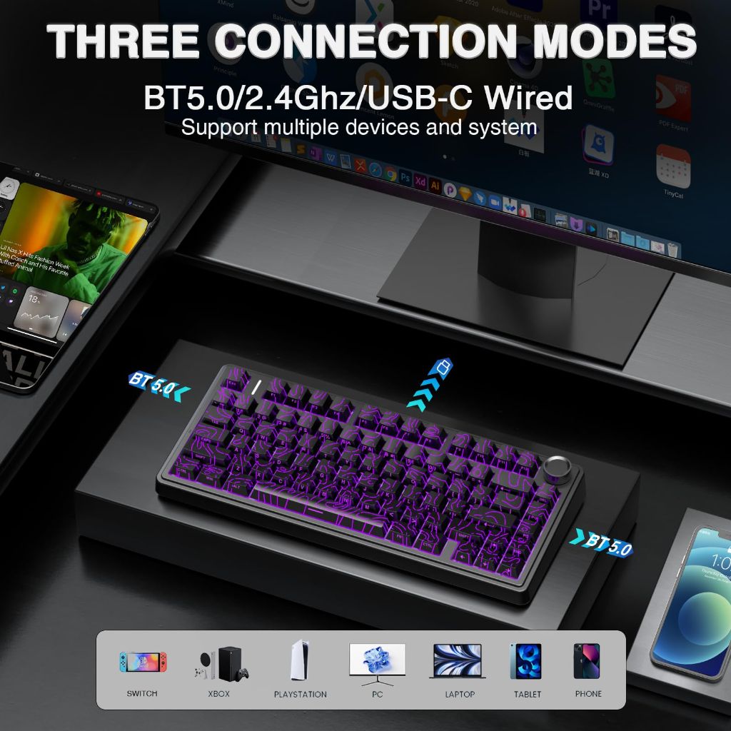 AULA F75 Pro Wireless Mechanical Keyboard with Knob, 75% Hot Swappable Custom Gaming Keyboards, RGB Backlit, Line Black