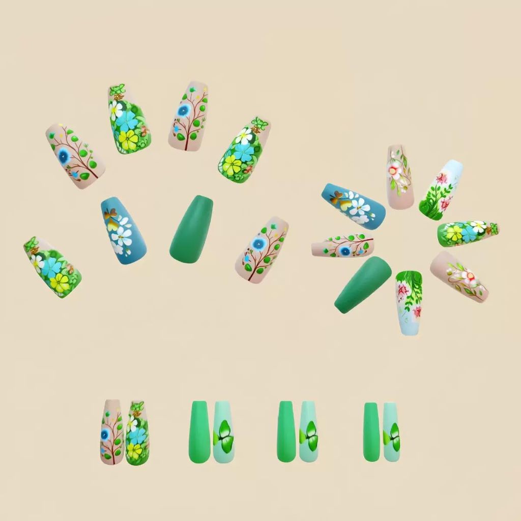 Press on Nails Medium Coffin Fake Nails Green False Nails with Flower Pattern Design - 24Pcs