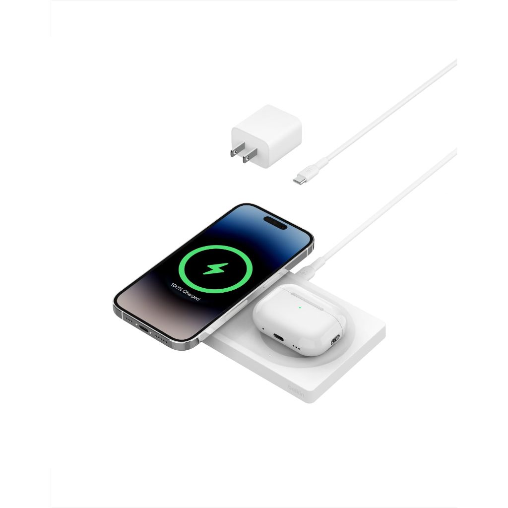 Belkin 2-in-1 Wireless Charging Pad with MagSafe 15W, Fast Charging iPhone Charger - Wireless Charging Station for iPhone 17, 16, 15, and 14 Series, AirPods, and Other MagSafe Enabled Devices - White