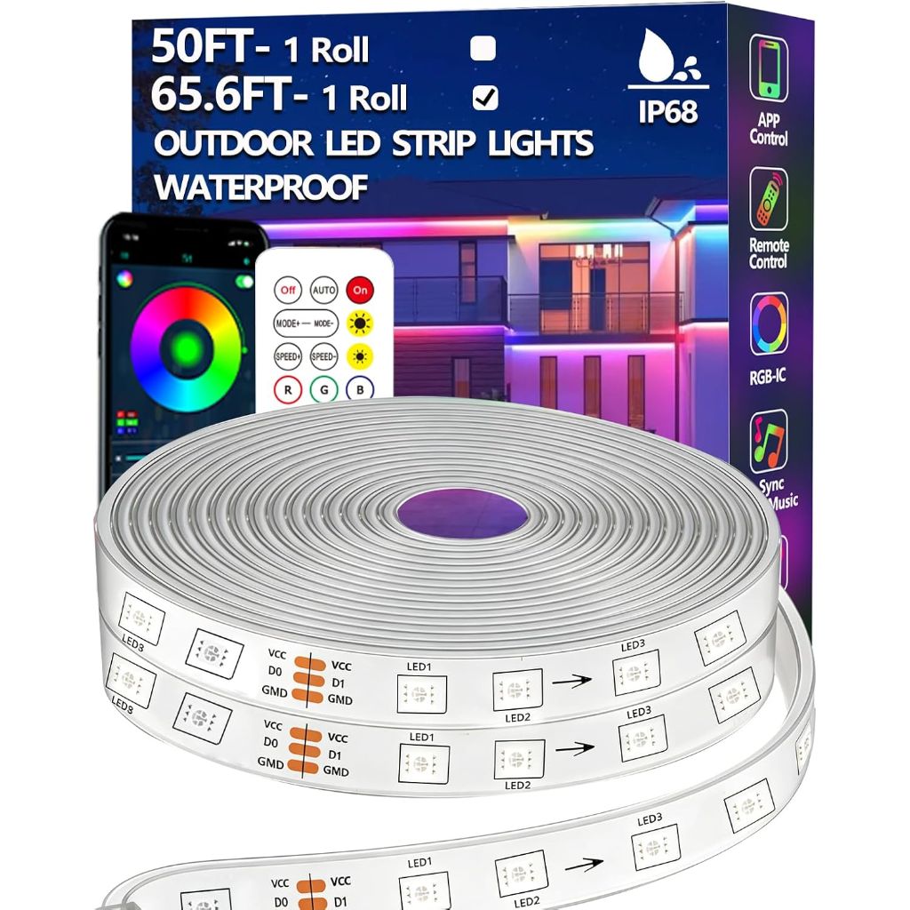 65.6FT Outdoor LED Strip Light Waterproof, IP68 Outside RGB Light Strip with App/Remote Control