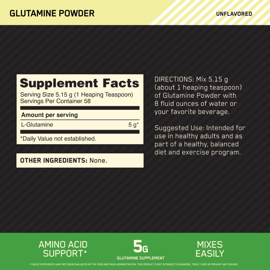 Optimum Nutrition L-Glutamine Muscle Recovery Powder, 300g, Unflavored, 58 Servings