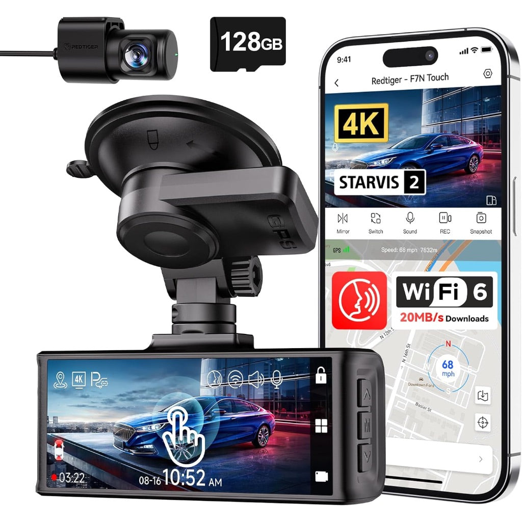 REDTIGER 4K Dash Cam Front and Rear, STARVIS 2 Sensor, Touch Screen 3.18", 128GB Card Included, Voice Control, 5.8GHz WiFi Car Dash Camera, GPS, Night Vision, Emergency Lock, Parking Mode (F7N Touch)