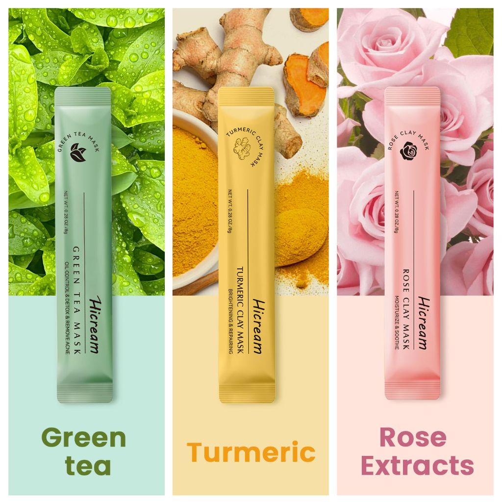 Turmeric Clay Mask, Rose Face Mask & Green Tea Mud Mask, 12 PCS