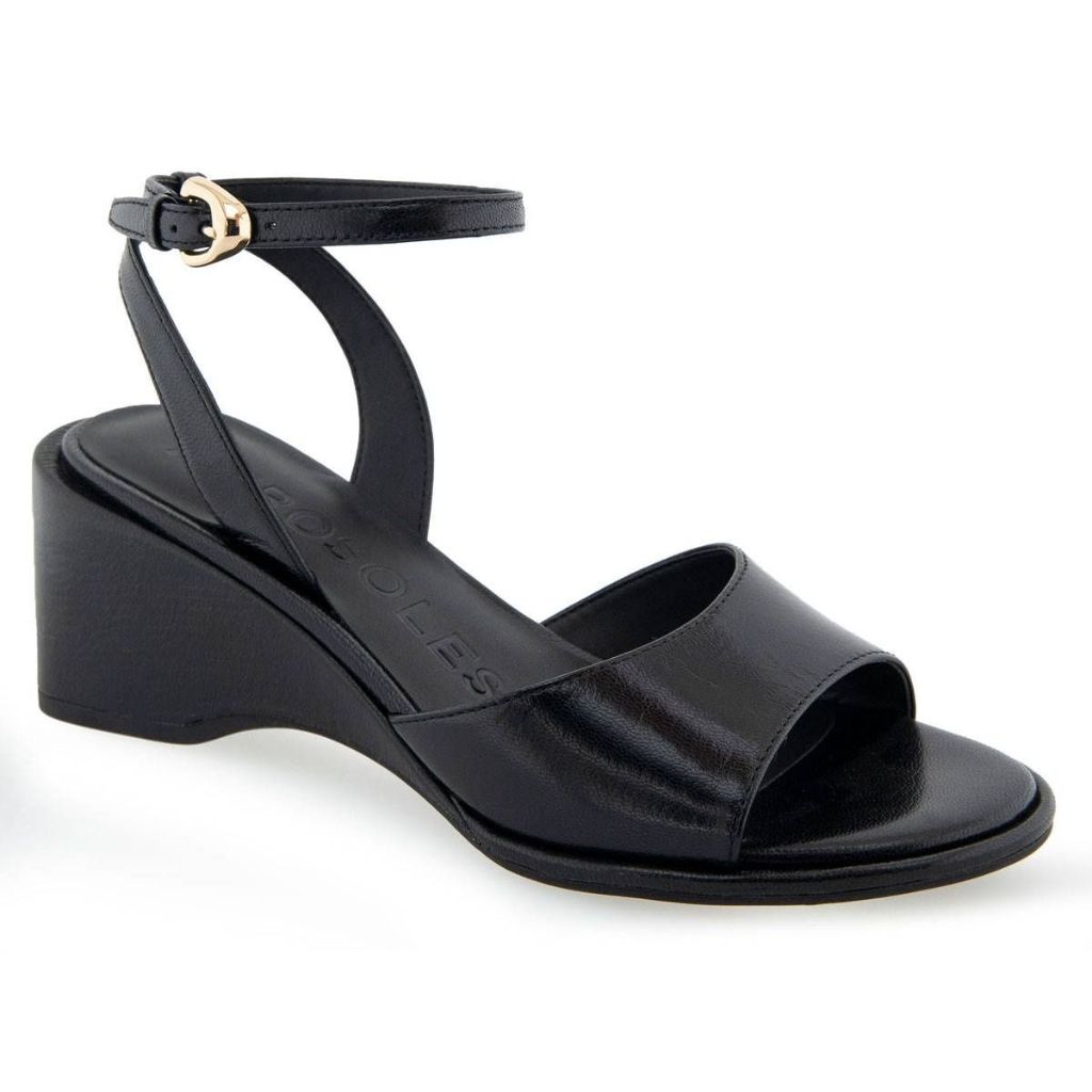 Aerosoles Women's Nixon Buckle Strap Wedge Sandals - Black Leather, Size 5.5