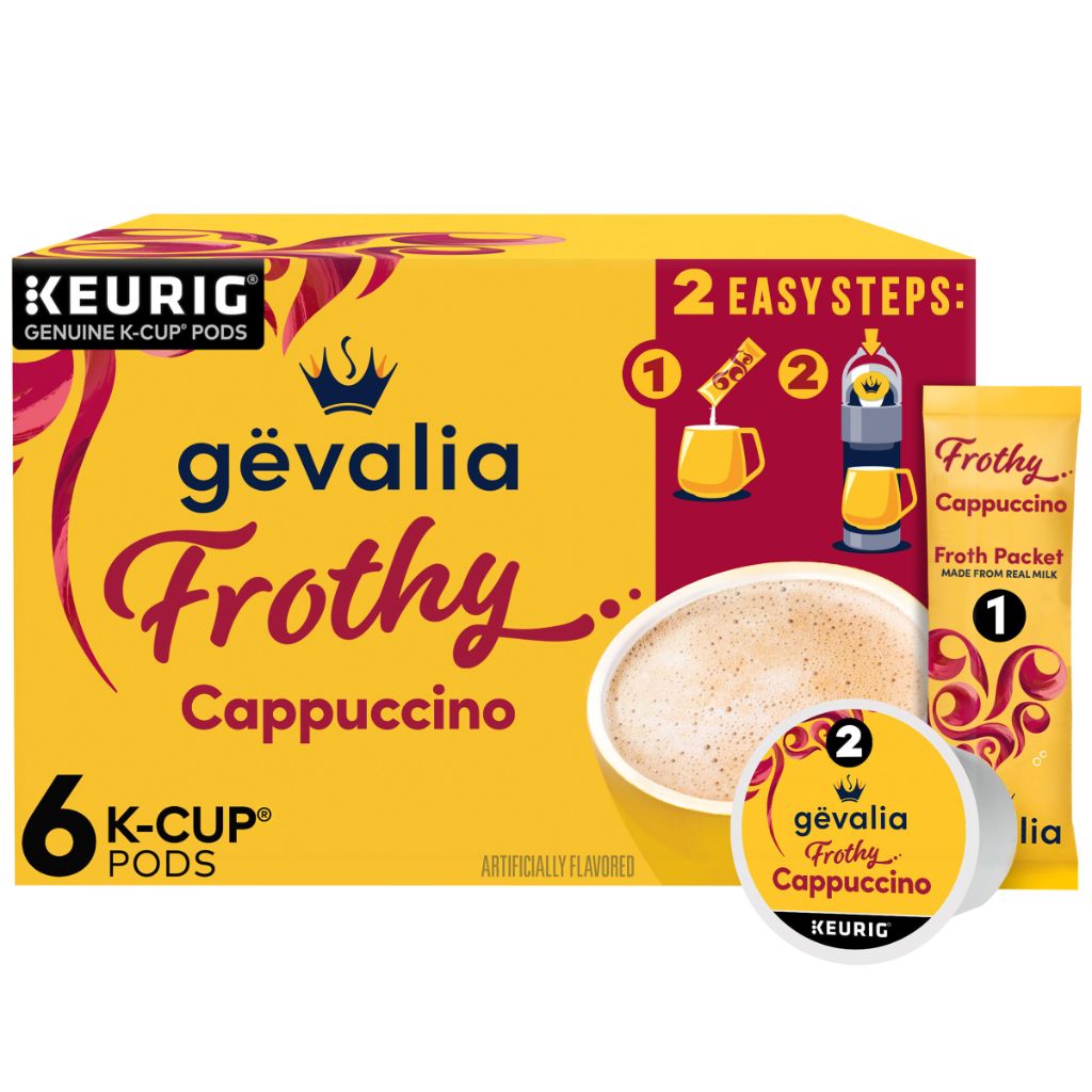 Gevalia Frothy 2-Step Artificially Flavored Cappuccino Espresso Style K‐Cup Coffee Pods & Froth Packets Kit, 6 ct. Box