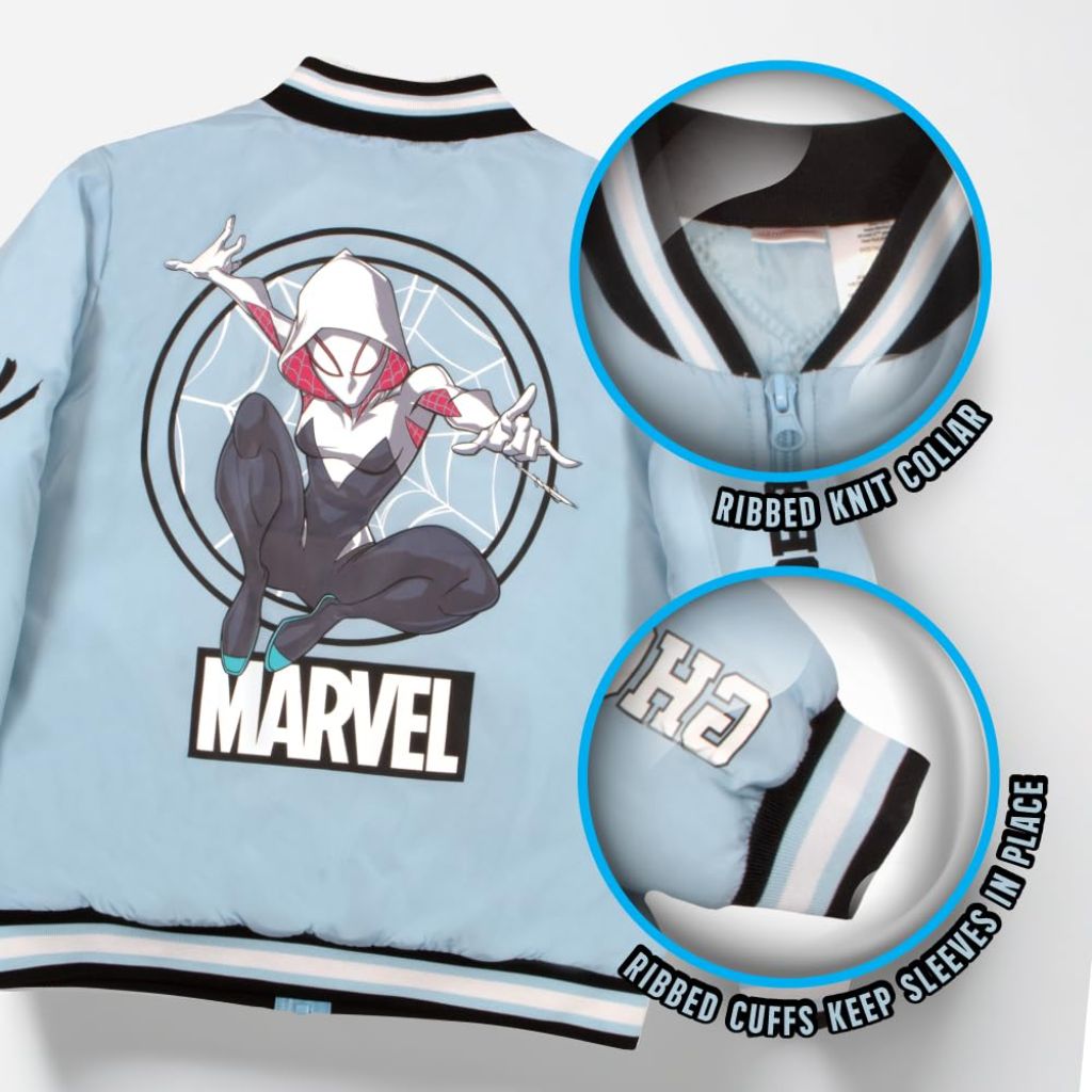 Marvel Ghost-Spider Gwen Boy's Casual Varsity Bomber Coat- Lightweight Zip-Up Graphic Print Jacket for Kids (Sky Blue, Size 14/16)