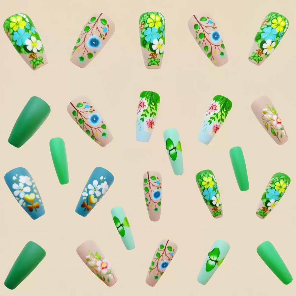 Press on Nails Medium Coffin Fake Nails Green False Nails with Flower Pattern Design - 24Pcs