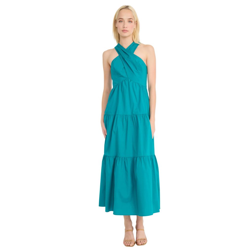 Donna Morgan Women's Halter Neck Tiered Midi Summer Empire Waist Maxi Dress, Blue Grass - 8