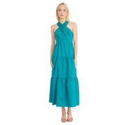 Donna Morgan Women's Halter Neck Tiered Midi Summer Empire Waist Maxi Dress, Blue Grass - 8