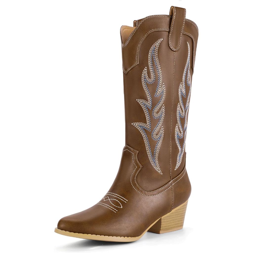 IDIFU IN2 Cowboy Boots for Women Mid Calf Cowgirl Boots Embroidered Western Boots Chunky Low Heel Pointed Toe Country Boots Cute Fashion Booties for Women Dress Wedding Heeled Boots 8.5