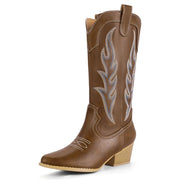 IDIFU IN2 Cowboy Boots for Women Mid Calf Cowgirl Boots Embroidered Western Boots Chunky Low Heel Pointed Toe Country Boots Cute Fashion Booties for Women Dress Wedding Heeled Boots 8.5