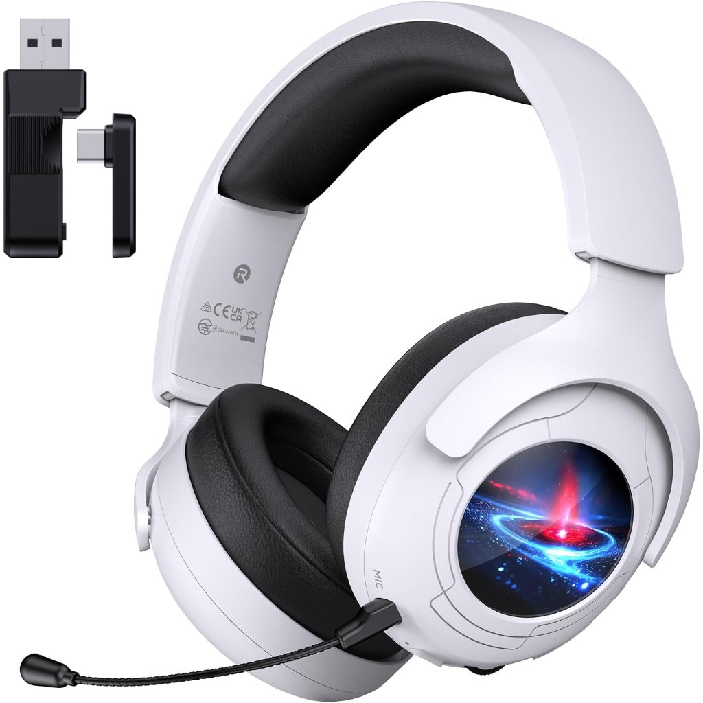 Gtheos Over Ear Wireless Gaming Headset for PS5, Surround Sound, Noise Cancelling, RGB Light - White