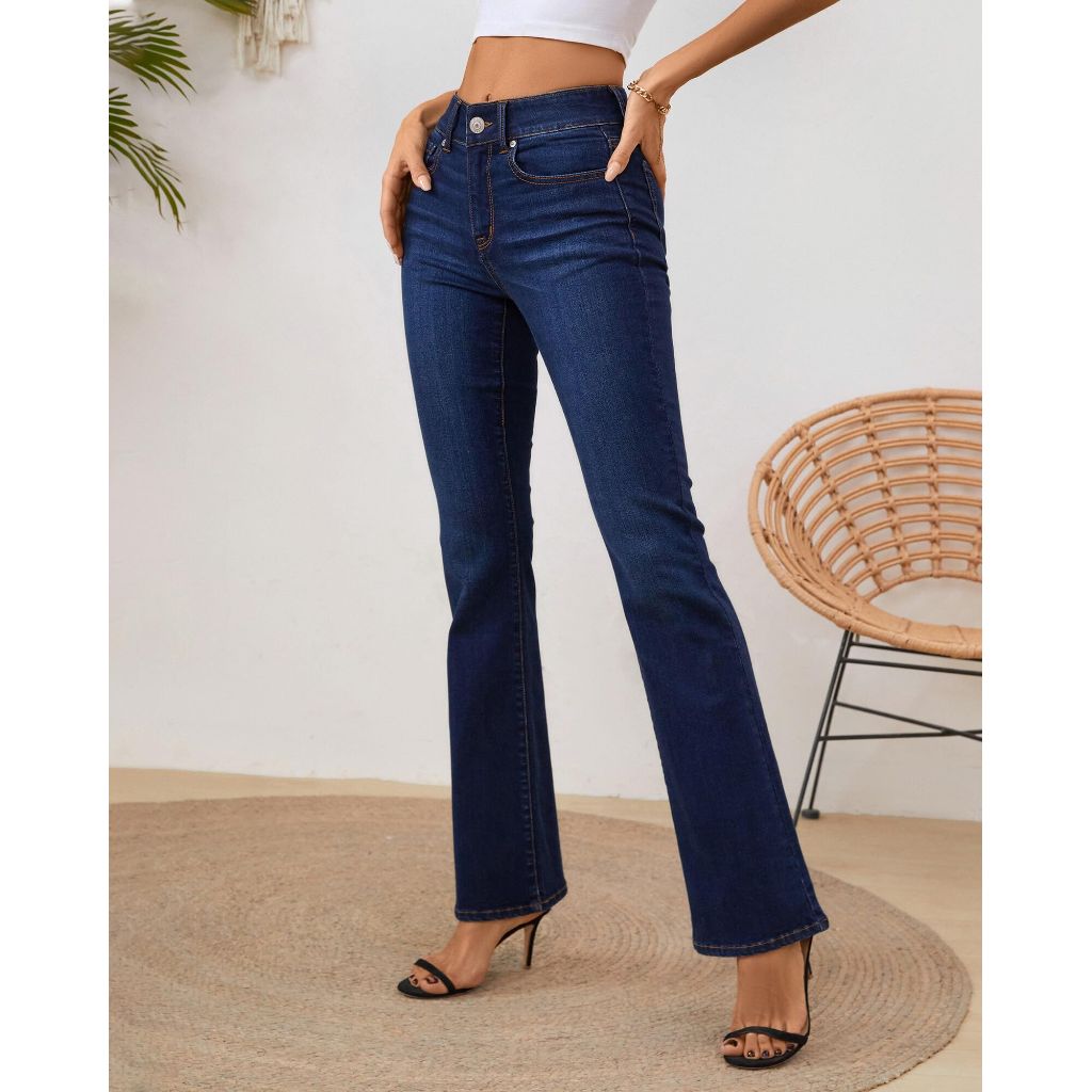 OFLUCK Bell Bottom Jeans,  Stretchy High Waisted Trendy Flare Jeans Curvy Denim Pants, Dark Blue, SIze 8R