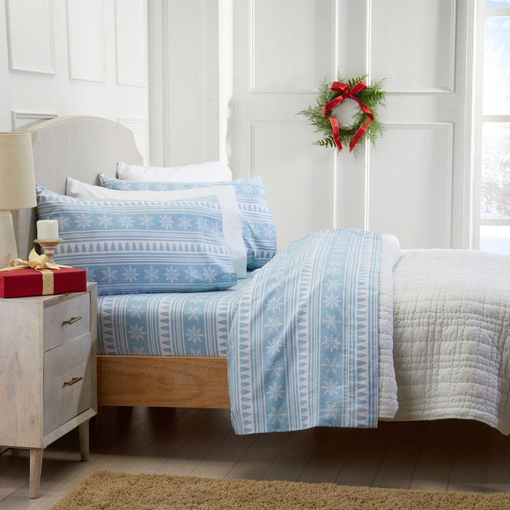 Market & Place 100% Cotton King Flannel Sheet Set | 4 Piece Deep Pocket  | (King, Striped Snowflake)