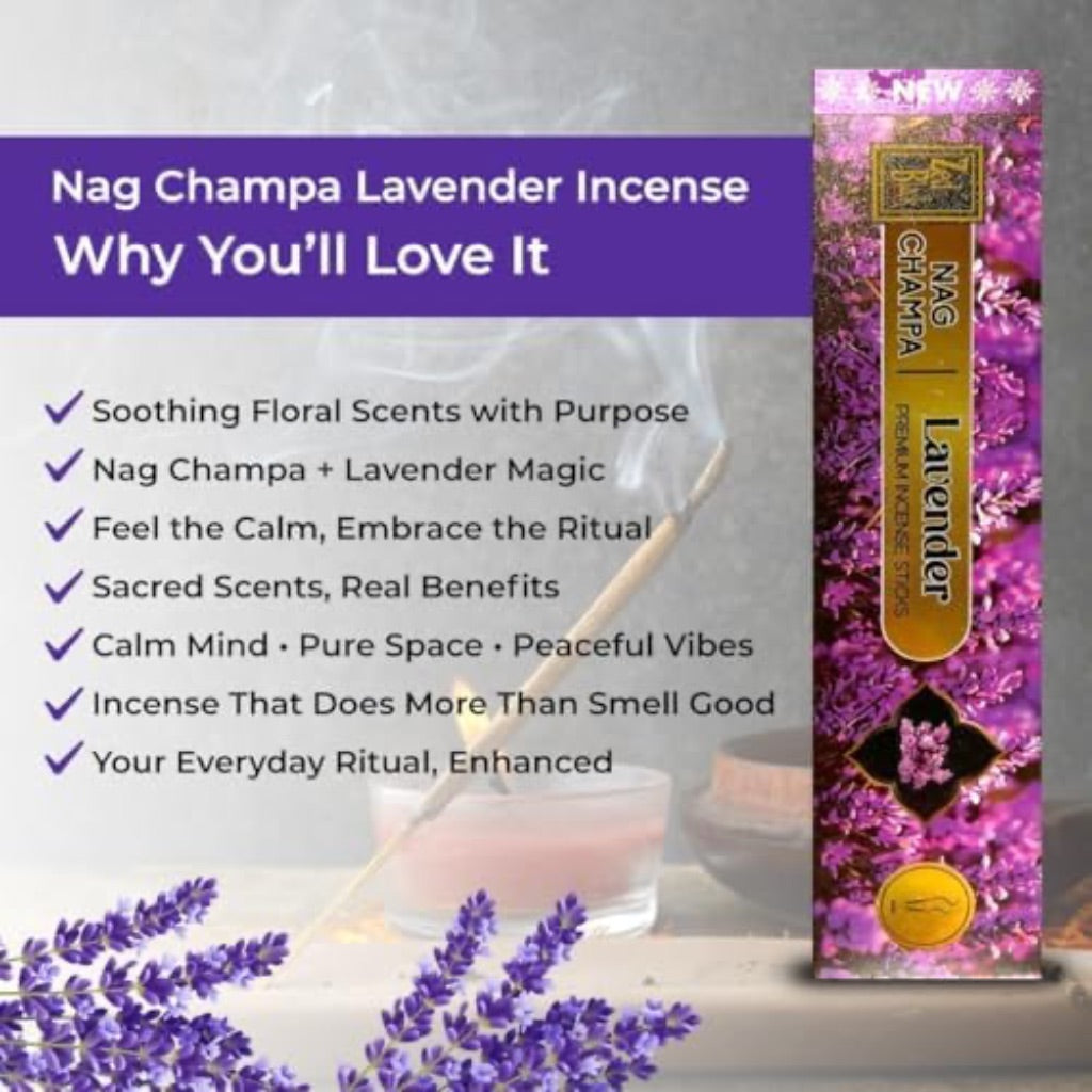 Nag Champa Lavender Incense Sticks – Premium Hand-Rolled Natural Scent | 180 g (15 g × 12 Packs) with Wooden Holder | Calming Aroma for Sleep, Meditation & Stress Relief.