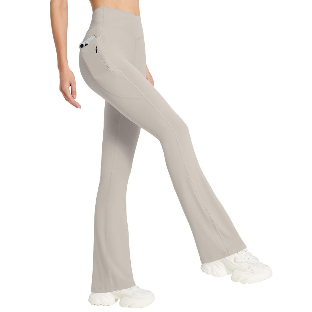 SZ L, Baleaf Khaki Pants for Women Flare Leggings with Pockets High Waist