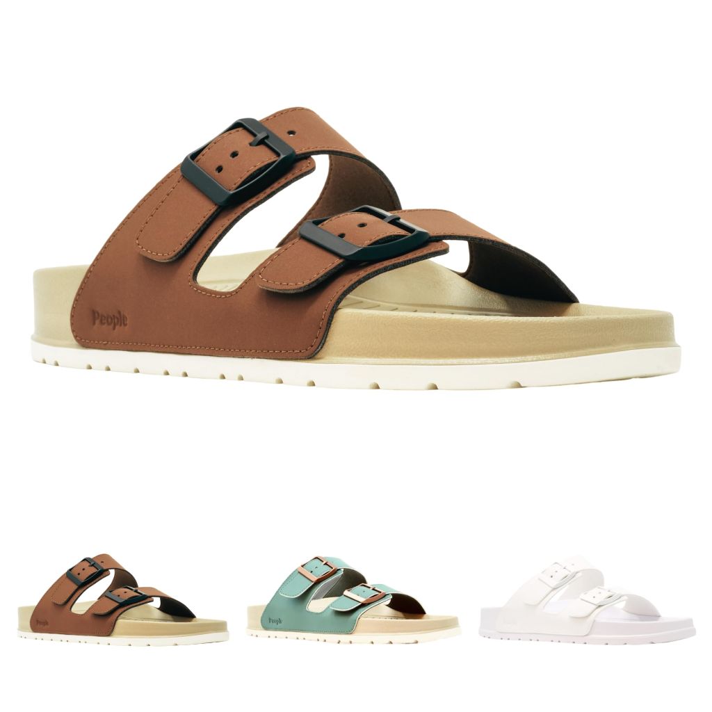 People Footwear Lennon Heritage - EVA Rubber Sandals for Men & Women, Lightweight Soft Double Buckle Two-Band Slides, Comfortable Unisex Non-Slip Summer Shoes (Coffee/Really Black/Shroom Brown/White)