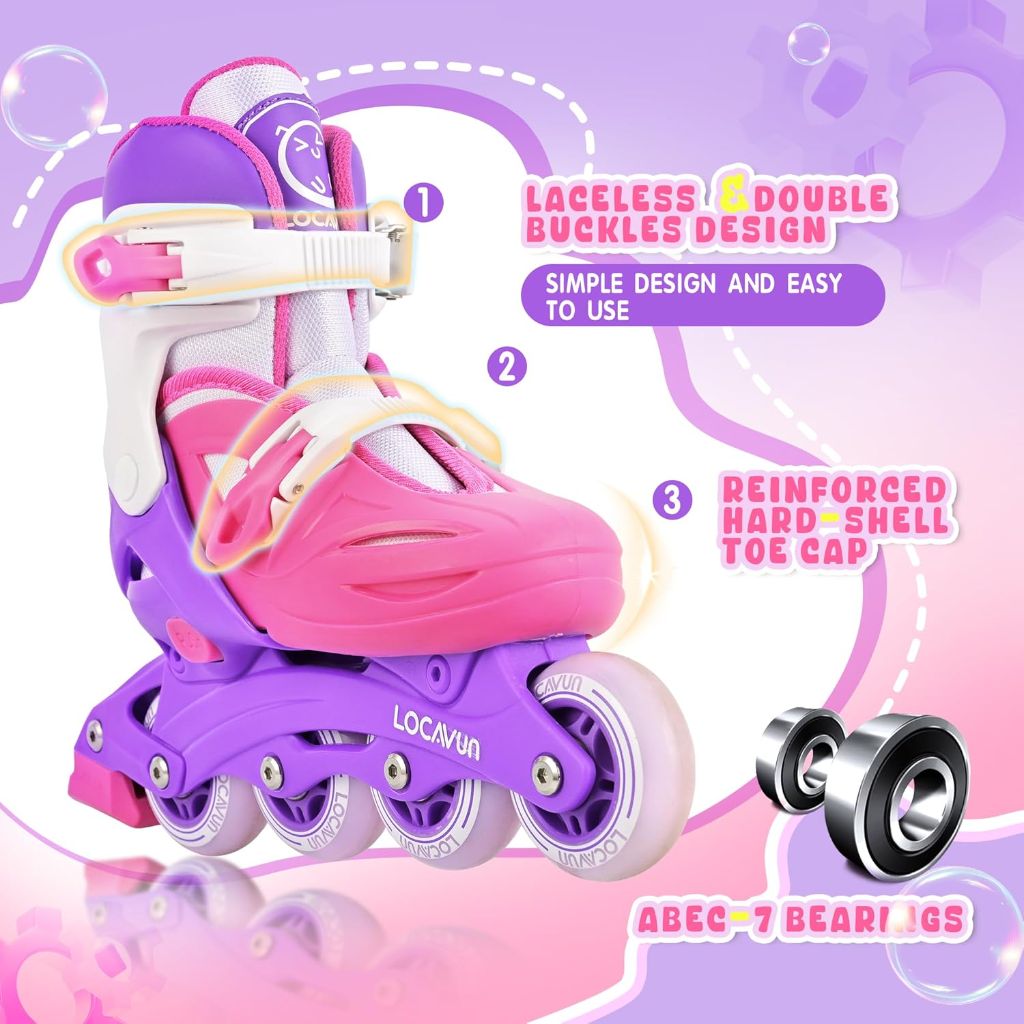 LOCAVUN Girl's Inline Skates with 4 Size Adjustable Light up Wheels - Pink/Purple, Medium - (US 13C-3Y)