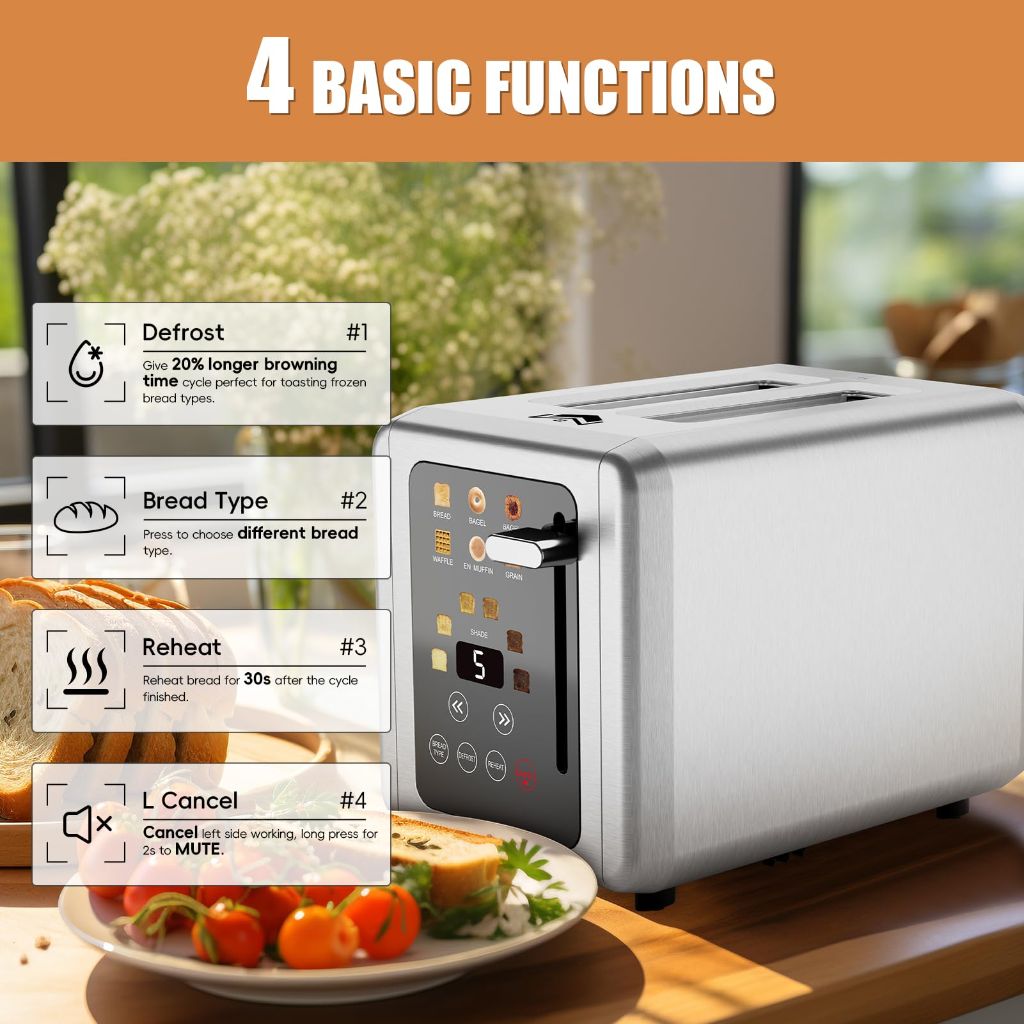 WUNLY Touch screen Toasters 2 slice, Stainless Steel Platinum