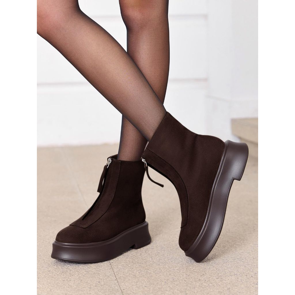 SZ 7.5, Coutgo Women's Front Zip Winter Ankle Boots | Chocolate