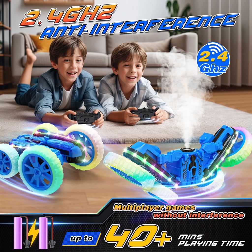 Jimdella 2-in-1 Remote Control Car: Transform 4WD with Spray & LED Lights - Blue