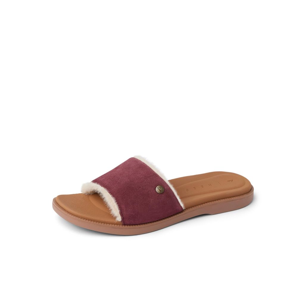 REEF Sunny Arrianah Cozy Womens Slide Sandal, Full Grain Leather, Soft Faux Fur Lined Strap, Cordovan, 9